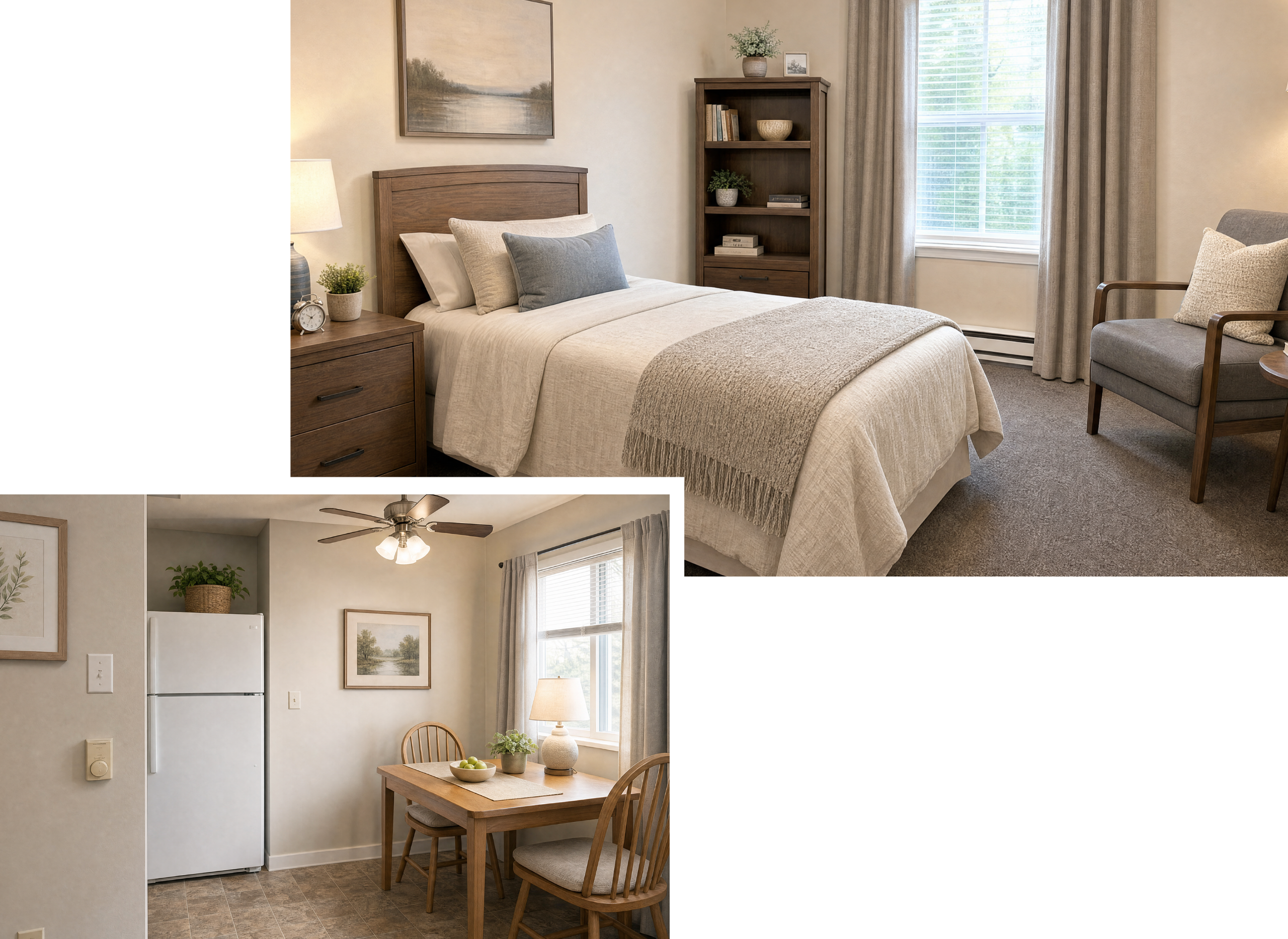 A cozy bedroom with a wooden bed, beige bedding, gray and beige pillows, a wooden nightstand with a lamp and small plants, a tall wooden bookshelf with decorative items, and a window with beige curtains. An adjacent dining area has a wooden table, two chairs, a ceiling fan, a window with curtains, a lamp, and a framed picture on the wall.