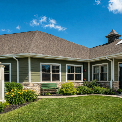 A single-story building with green siding and white trim, featuring a brown shingled roof and a small cupola. In front, there is a well-maintained lawn, a green bench, and landscaped bushes with yellow flowers, under a bright blue sky with a few clouds.