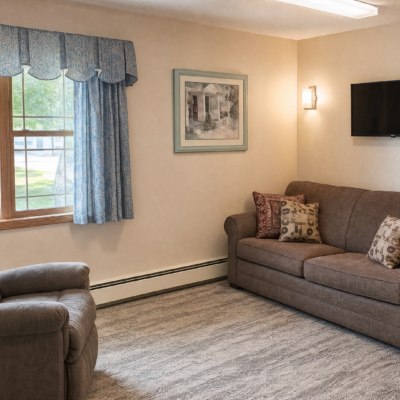 A cozy living room with a window covered by blue curtains, a framed picture on the wall, a wall-mounted TV, a gray sofa with patterned pillows, and a beige armchair.