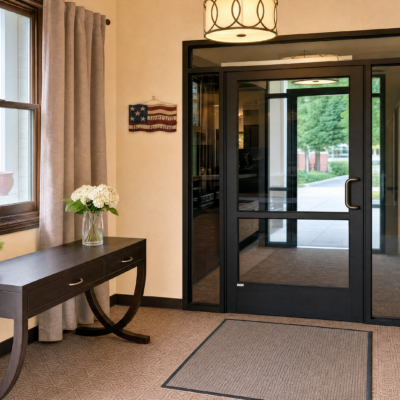 Interior entrance area with glass sliding doors, a dark wooden console table with a vase of white flowers, beige walls, a window with beige curtains, and a decorative wall hanging resembling an American flag.