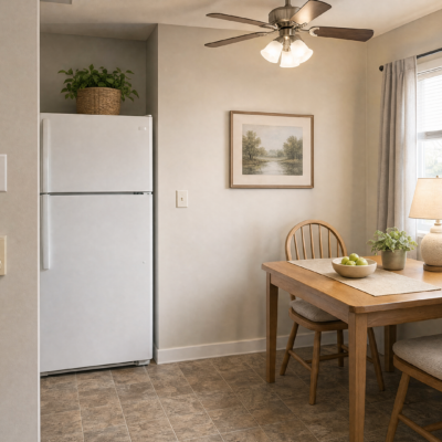 A corner of a dining area with a wooden table and two chairs, a white refrigerator with a plant on top, a framed landscape picture on the wall, a window with white curtains, and a table lamp.