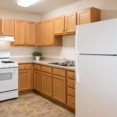 A kitchen with wooden cabinets, a white refrigerator, a white stove, a stainless steel sink, a potted plant on the counter, and beige tiled flooring.