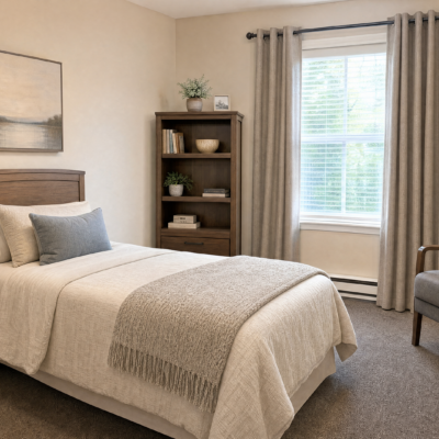 A cozy bedroom with a bed covered in white linens and a beige throw blanket. There are two pillows on the bed, one gray and one white. A wooden bookshelf with decorative items and books stands next to the bed. A window with white blinds and beige curtains lets in natural light. An armchair with a cushion is positioned near the window.