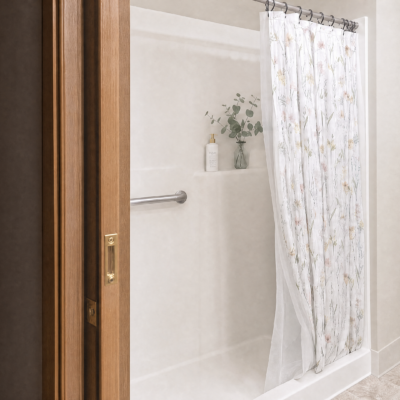 A clean, white shower with a floral-patterned shower curtain partially drawn to the side, a small shelf holding a white bottle and a green plant, and a silver grab bar on the wall.