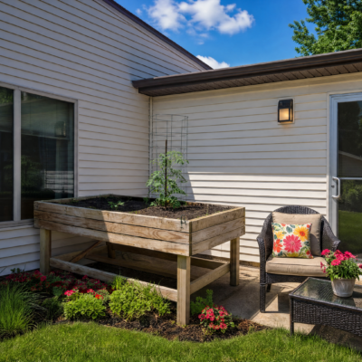 A backyard patio area adjacent to a light-colored house with siding. There is a large wooden planter box with a small tree and plants, a wicker chair with a colorful cushion, and a small table with a flower pot. Green grass and plants surround the patio, and the sky is partly cloudy with some trees in the background.