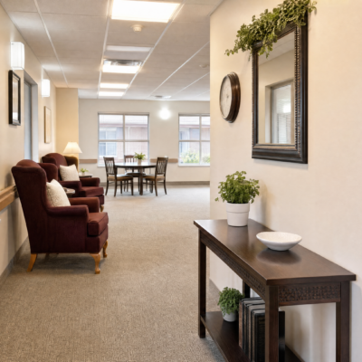 A cozy lounge area with a row of burgundy armchairs with white pillows along the left wall, a small dining table with chairs near the window, and a wooden console table on the right wall decorated with a potted plant, a bowl, a mirror, and a clock.