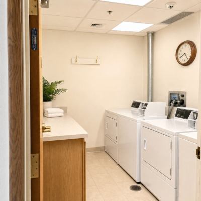 Laundry room with two white washing machines and a white dryer, a wooden cabinet with folded towels and a potted plant, a wall clock, and a white shelf on the plain white wall.