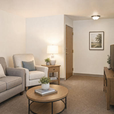 A cozy living room corner with a beige armchair and a light gray sofa, a wooden side table with a white lamp and a small plant, a round coffee table with a potted plant and books, a wooden cabinet with a TV, and framed artwork of a tree on the wall. The room has neutral-colored walls and carpet.