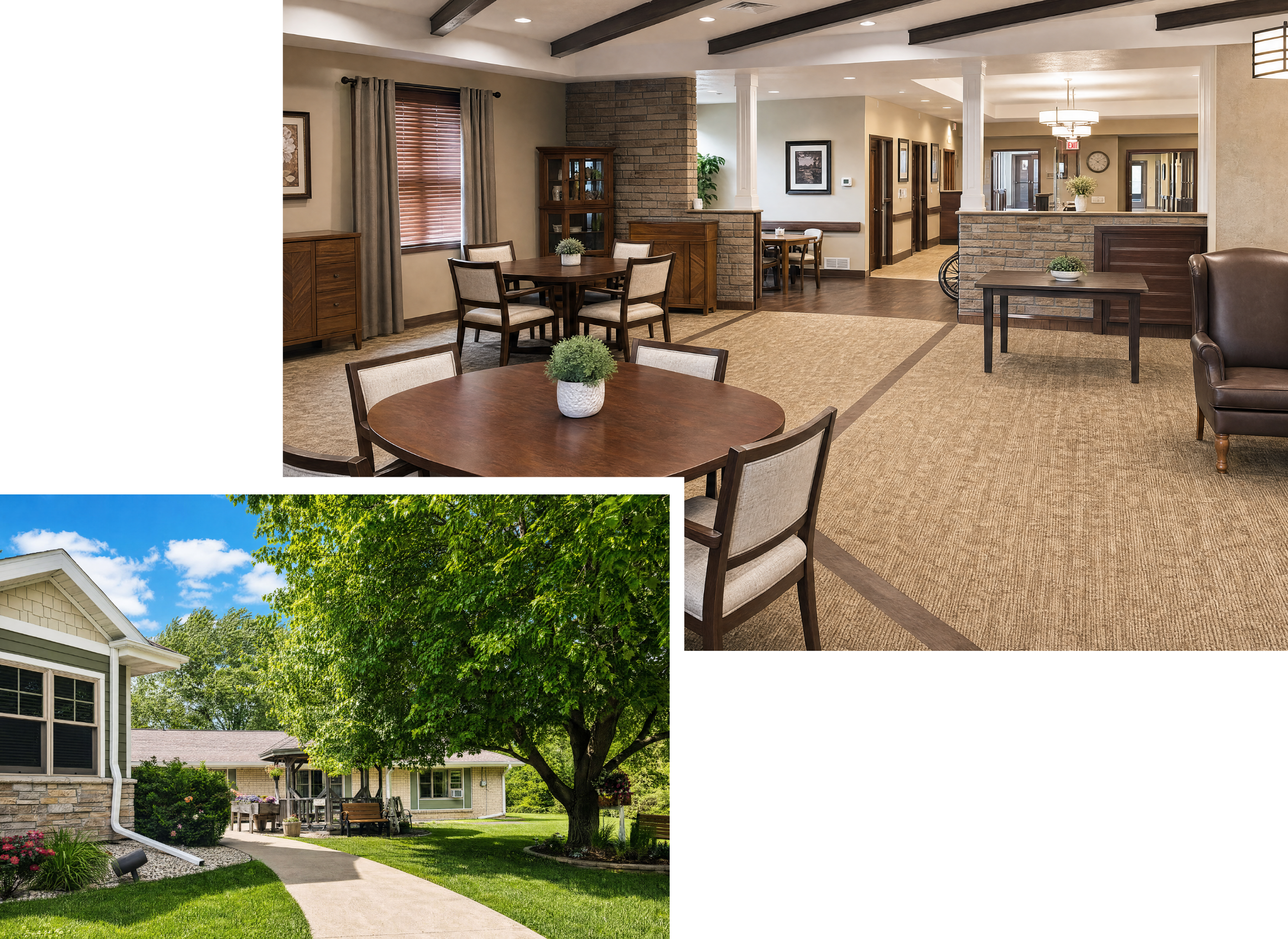 Interior view of a care center common area with round tables, chairs, potted plants, and a partially visible lounge chair, with a hallway and framed pictures on the wall in the background. Exterior view of a house with a front porch, surrounded by green trees, a lawn, and a clear blue sky.