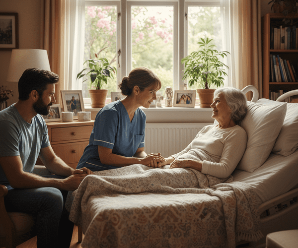A nurse holding an elderly woman's hand and smiling at her while sitting beside her bed in a cozy room with large windows, potted plants, and family photos on the windowsill.