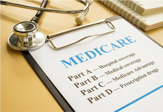 A Medicare document on a clipboard with a stethoscope resting on top, and a notepad in the background.