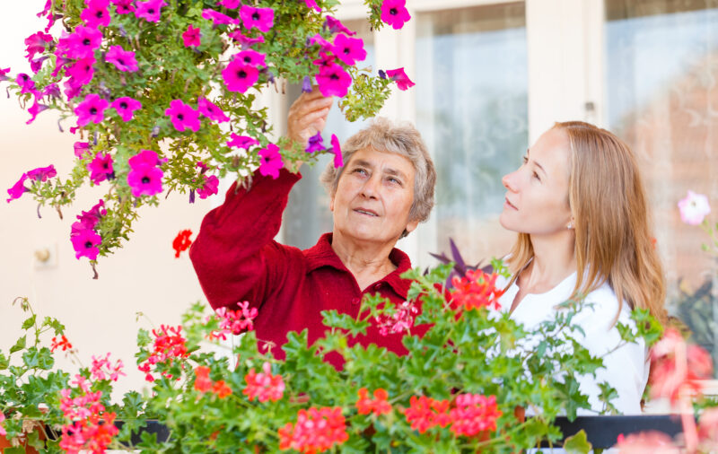 An elderly woman with gray hair and a younger woman with long blonde hair are gardening together among colorful flowers, with the elderly woman reaching up to touch or pick a bright pink petunia flower.